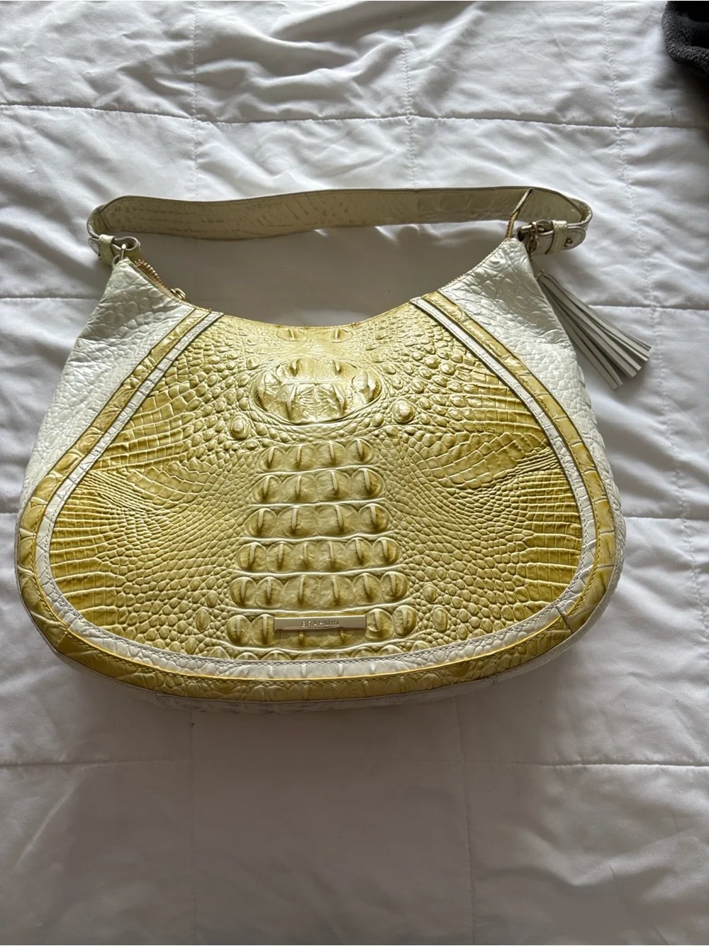 Brahmin Yellow and White Croc-Embossed Hobo Shoulder Bag